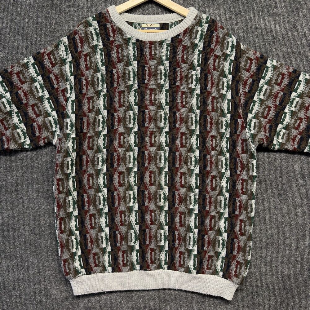 VTG 90s S.W. Casuals Tall Man Geometric Knit Sweater 3XLT Coogi Style Aztec - Picture 3 of 11
